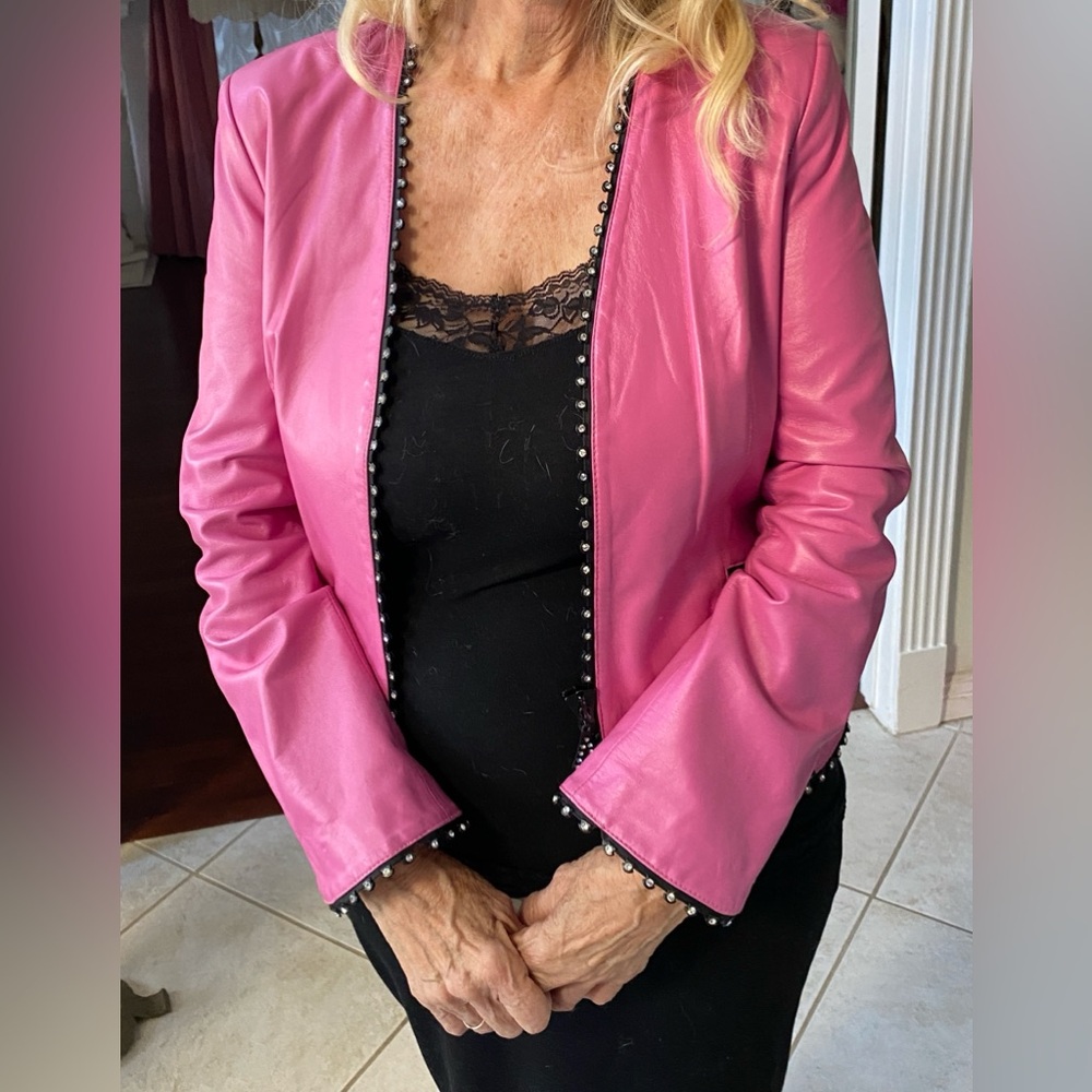 BonoRocks Pink Faux Leather Studded Jacket – Size 10